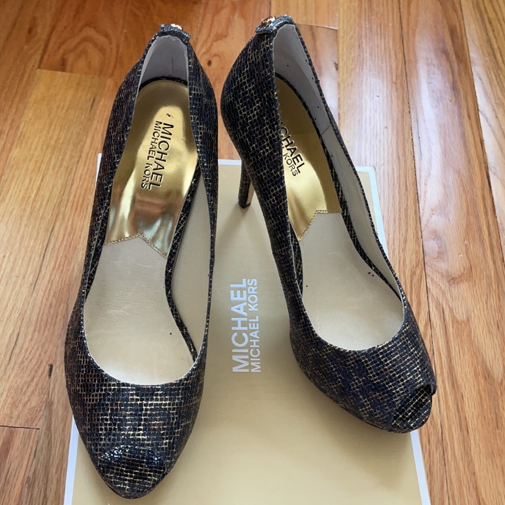 Michael Kors Gold Black Peep Platforms